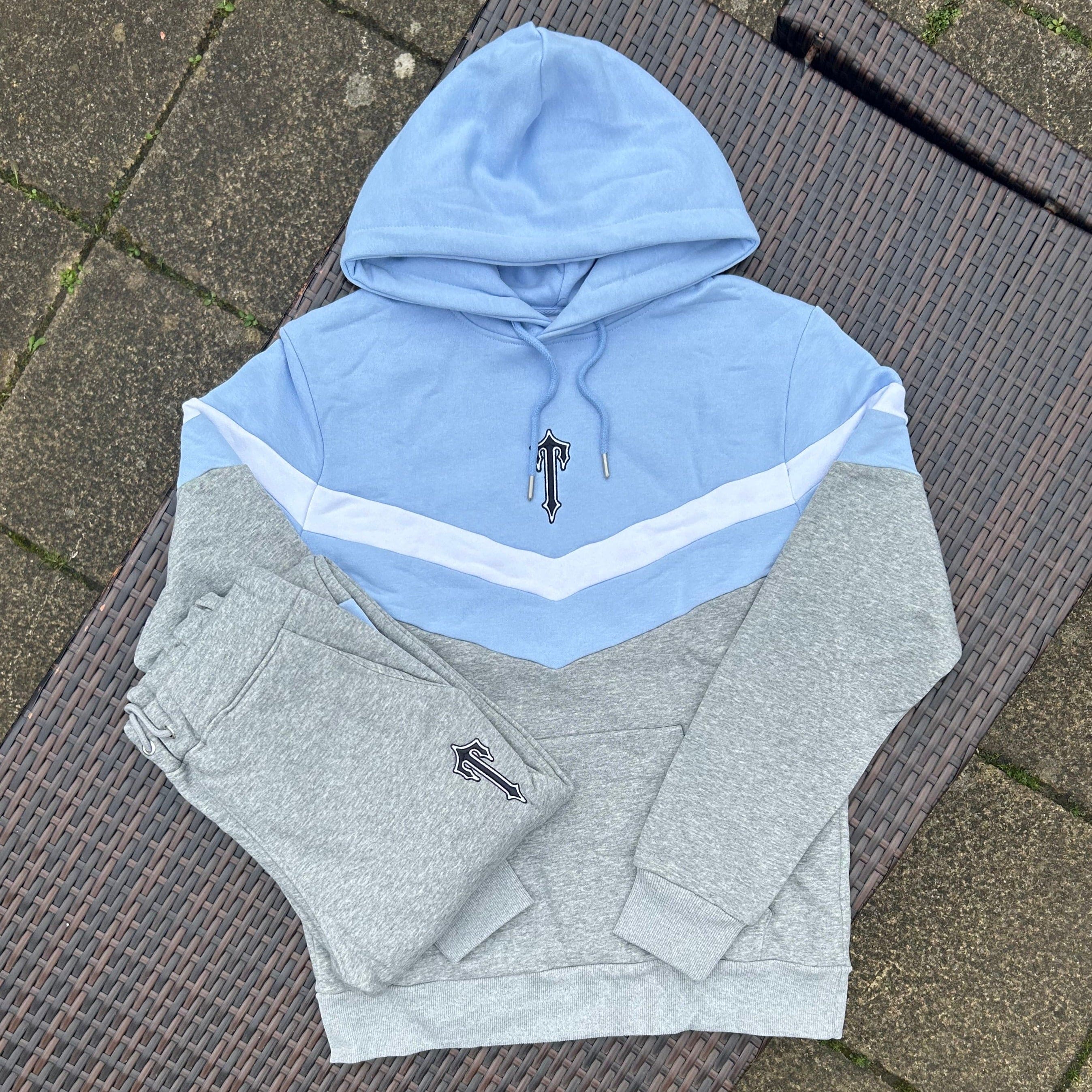 Trapstar Grey/Light Blue "V Stripe" Hooded Tracksuit
