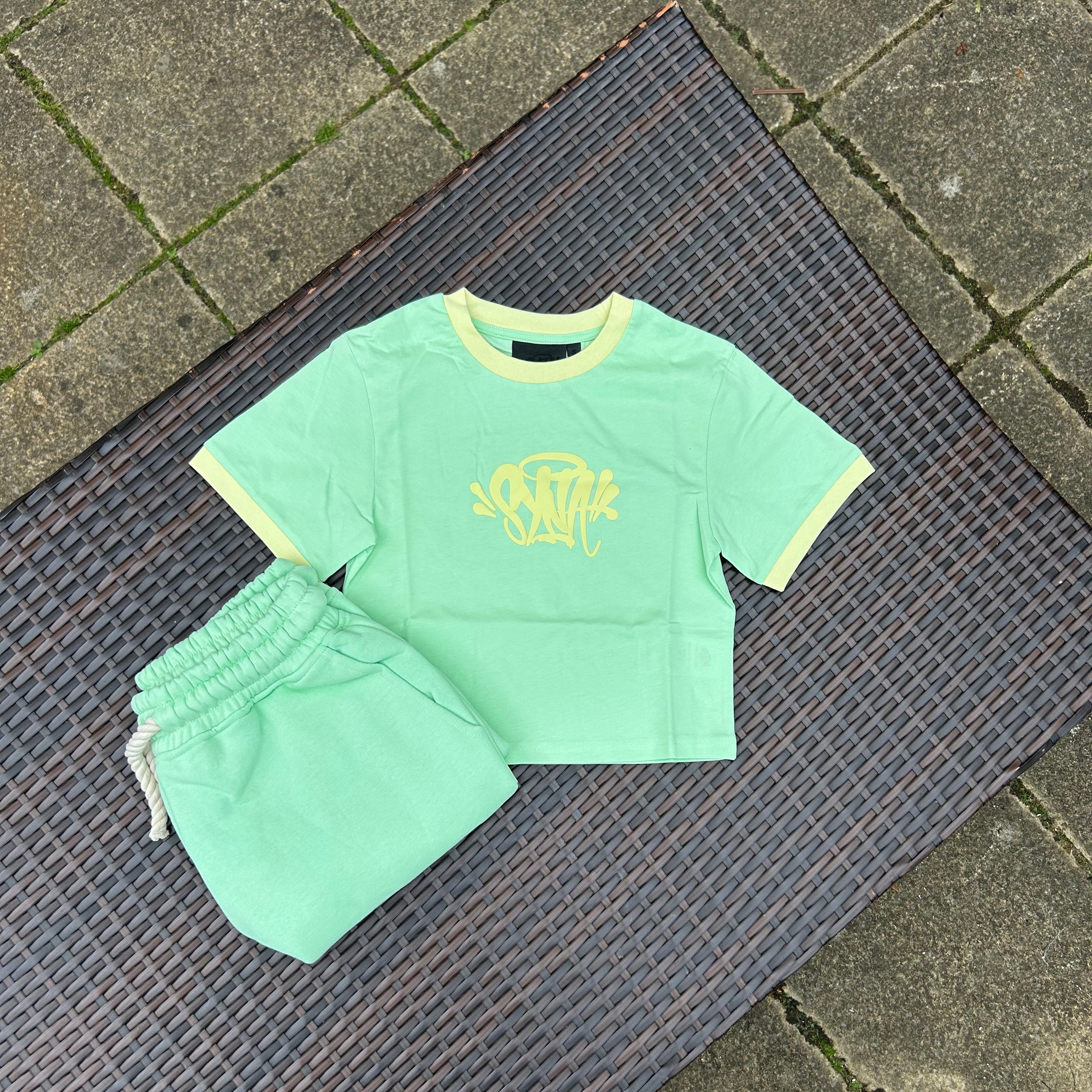 Syna World Lime Green Logo Crop Top Shorts set